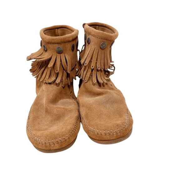 Minnetonka Double Fringe Side Zip Boot Ankle Bootie Moccasin Size 10 - Picture 4 of 8
